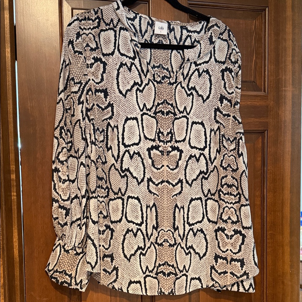 CAbi Snake-Print V-Neck Blouse — Black & Cream